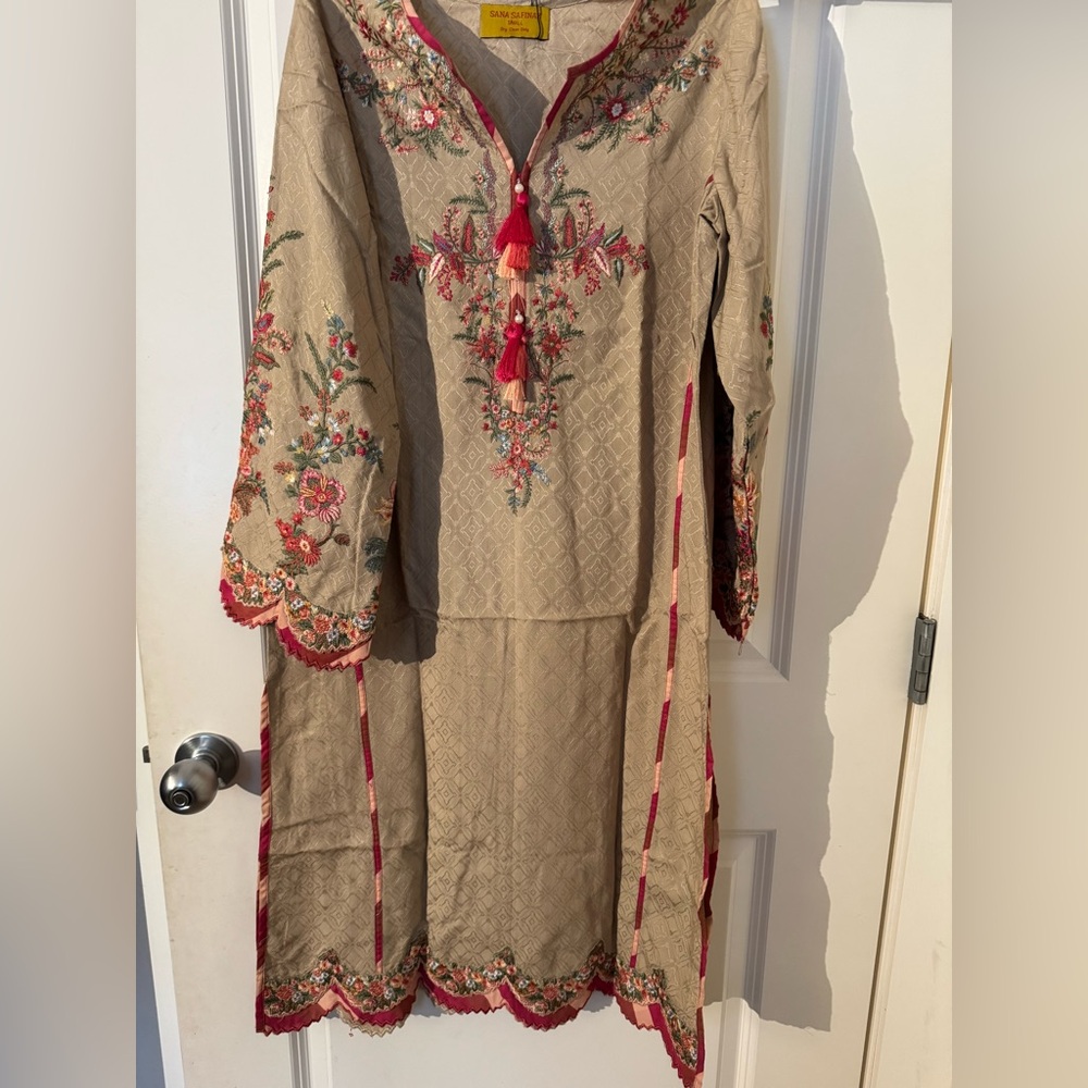 Embroidered Beige and Red 2 piece